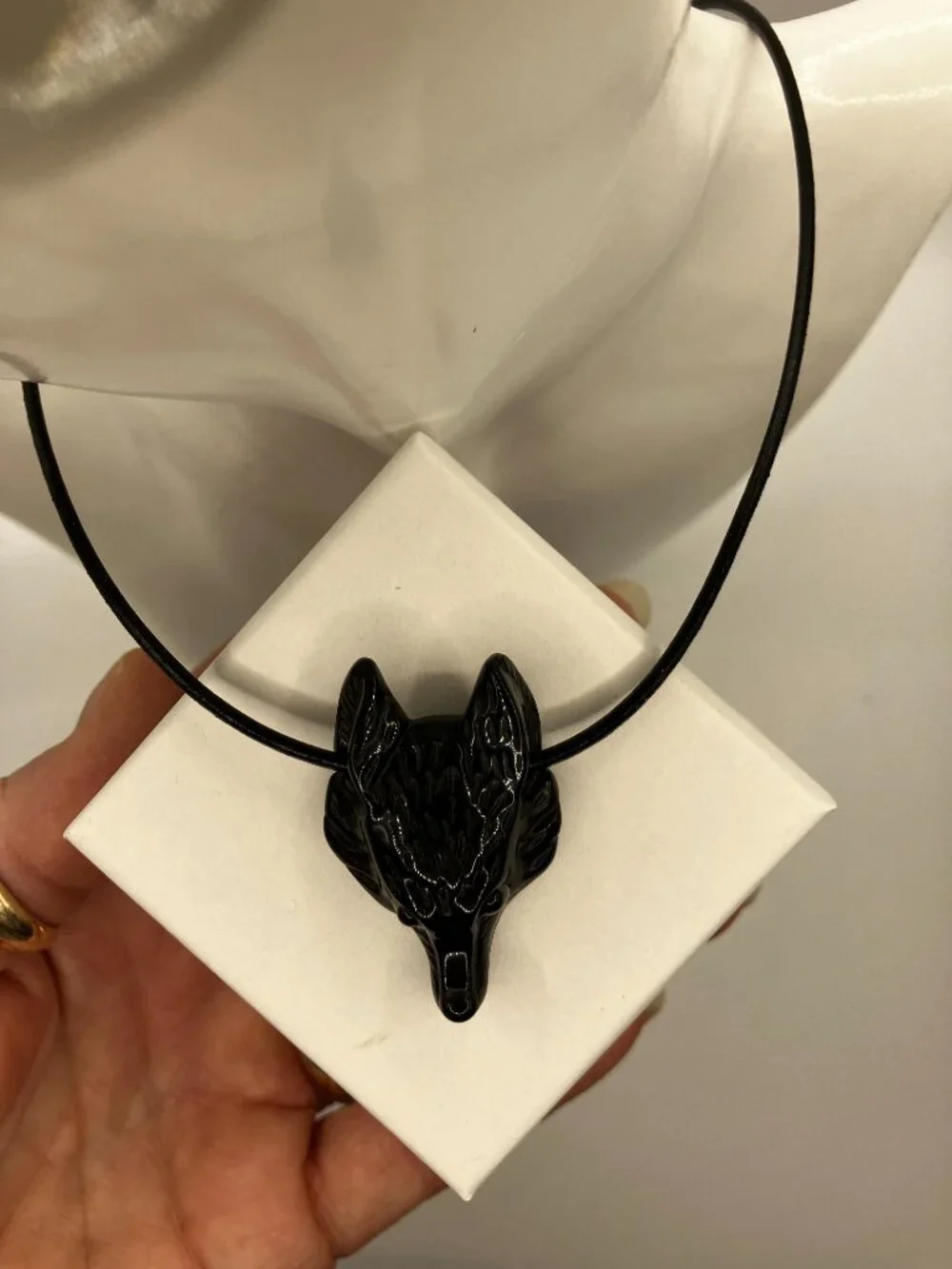 Wolf Black Obsidian Gemstone hand carved Wolf Head Choker Genuine Leather NEW